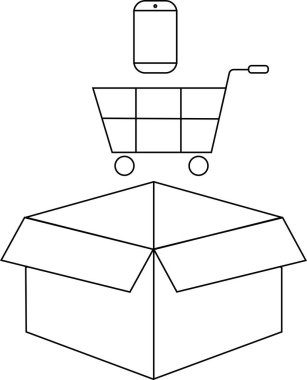 Çevrimiçi alışveriş, bir kutu, bir alışveriş arabası ve telefon, e-ticaret ve teslimatı sembolize eden basit bir sanat çizgisi çizimi.