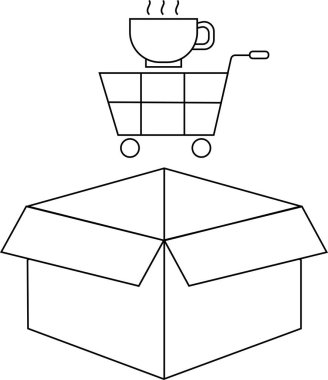 Basit bir çizim, açık bir kutunun üzerinde tüten bir fincan kahveyle bir alışveriş arabasının çevrimiçi alışveriş veya teslimatı sembolize ettiğini gösteriyor..