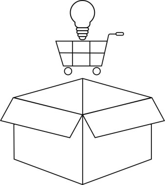 Alışverişin dışında düşünmenin kavramsal bir gösterimi, açık bir kutunun üzerinde ampulü olan bir alışveriş arabası..