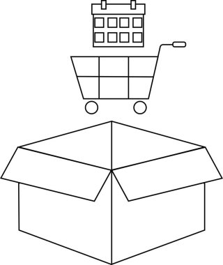 Açık bir kutu, bir takvim ve bir alışveriş arabasının yer aldığı bir çizelge çizgisi çizimi, sıralama ve teslimatı simgeliyor..