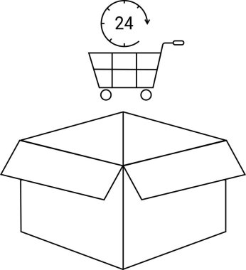 Üstünde alışveriş arabası ve 24 saatlik teslimat ikonu olan açık bir kutunun çizgisi çizimi hızlı nakliyat ve e-ticareti simgeliyor..