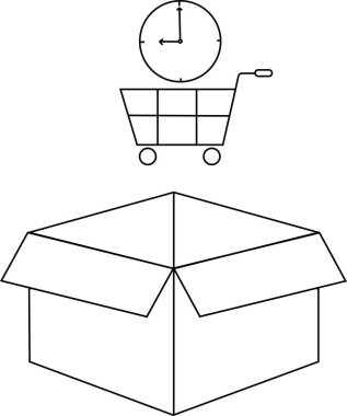 Üstünde alışveriş arabası ve saat olan açık bir kutunun çizimi teslimat zamanını simgeliyor..