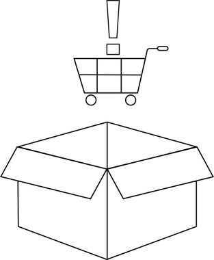 Üstünde alışveriş arabası ve ünlem işareti olan açık bir kutunun basit bir çizimi teslimat ya da sürpriz olduğunu gösteriyor..