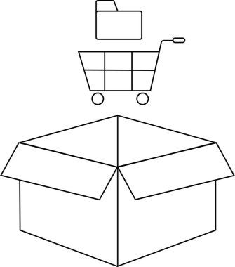 Üstünde bir alışveriş arabası ve klasör simgesi olan açık bir kutunun tasviri, depolamayı veya teslimatı simgeliyor..