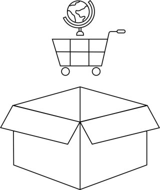 Üzerinde bir alışveriş arabası ve küresel ticaret ve teslimatı temsil eden dünya ikonu olan açık bir kutunun çizimi..
