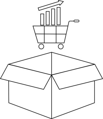İçinde büyüme tablosu bulunan bir alışveriş arabasıyla açık bir kutunun basit bir çizimi iş büyümesini ve e-ticaret başarısını simgeliyor..