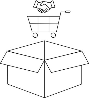 Üzerinde alışveriş arabası ve el sıkışma olan açık bir karton kutunun basit bir çizimi anlaşmaları ve teslimatı simgeliyor..