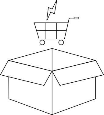 Üstünde alışveriş arabası ve yıldırım olan açık bir kutunun basit bir çizimi online alışveriş ya da teslimat olduğunu gösteriyor..