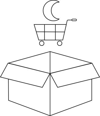 Üzerinde bir alışveriş arabası ve ay simgesi olan açık bir karton kutunun siyah-beyaz çizimi..