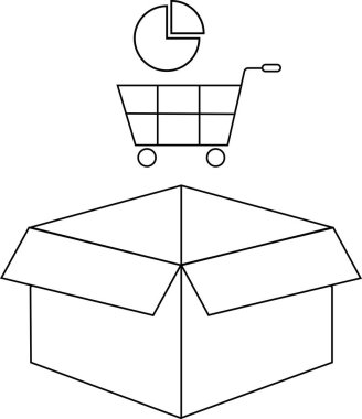 Üzerinde bir alışveriş arabası ve turta grafiği simgesi olan açık bir kutunun basit bir çizimi. Ticareti veya e-ticareti temsil ediyor..