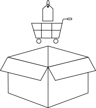 Üstünde alışveriş arabası ve fiyat etiketi olan açık bir kutunun basit bir siyah beyaz çizimi..