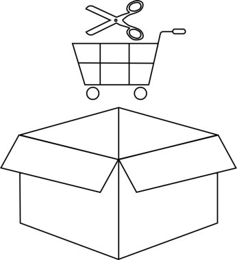 Üstünde alışveriş arabası ve makas olan açık bir kutunun siyah beyaz çizimi online alışveriş ve teslimatı öneriyor..