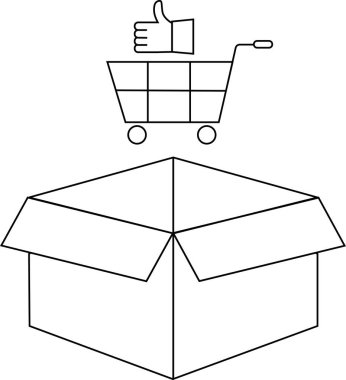 Üzerinde alışveriş arabası olan açık bir kutunun basit bir çizgisi çizimi, online alışveriş ve olumlu geri bildirim öneriyor..