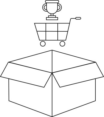 Üstünde alışveriş arabası ve kupa ikonu olan açık bir kutunun tasviri online alışveriş başarısını simgeliyor..