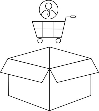 Üstünde alışveriş arabası ve kullanıcı simgesi olan açık bir kutu çizimi, online alışveriş veya teslimatı temsil ediyor.