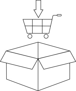 Açık bir kutunun üstündeki alışveriş arabasının basit bir çizimi çevrimiçi alışveriş, paketleme ve teslimat hizmetlerini sembolize ediyor..