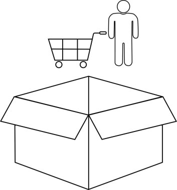 Bir alışveriş arabası, bir kişi ve perakende veya lojistik temalar için ideal açık bir kutunun yer aldığı basit bir siyah beyaz çizim.