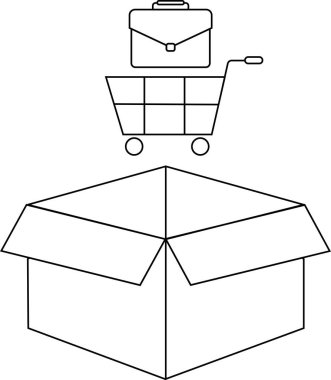 Üstünde evrak çantası olan bir alışveriş arabası açık bir karton kutunun üzerine yerleştirilir ve kavramsal bir görüntü oluşturur..
