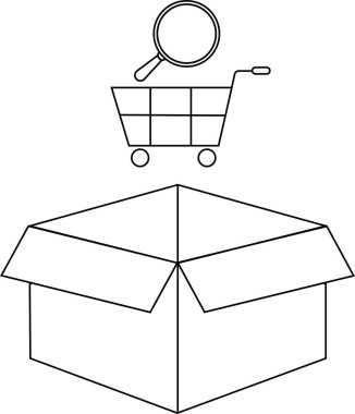 Açık bir kutunun üzerinde büyüteçle bir alışveriş arabasının basit bir çizimi, online alışveriş ve teslimatı temsil ediyor..