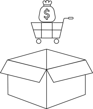 Üstünde para çantası olan bir alışveriş arabası açık bir karton kutunun üzerine yerleştirilir ve sembolik bir görüntü oluşturur..