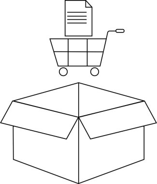 Açık bir kutunun üstünde, online alışveriş ve teslimatı temsil eden bir alışveriş arabasının resmi..