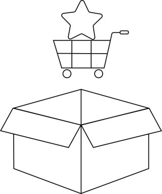 Açık kutunun üstünde bir yıldızın olduğu bir alışveriş arabasının çizgisi çizimi online alışveriş ve teslimatı simgeliyor..