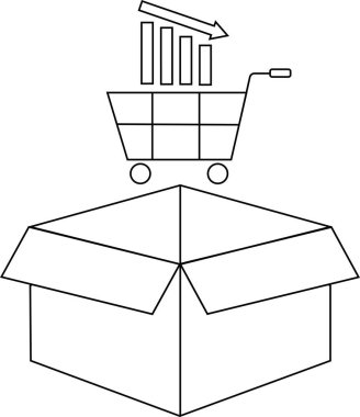 Düşen satışları tasvir eden illüstrasyon, açık kutunun üzerine barlar düşmüş bir alışveriş arabasının yer alması, iş sorunlarını sembolize ediyor.