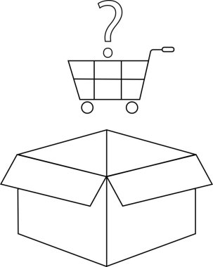 Bir çizgi, üzerinde soru işareti ve alışveriş arabası olan açık bir kutu tasvir eder, gizemli alışveriş ve boks dışı deneyimleri sembolize eder..