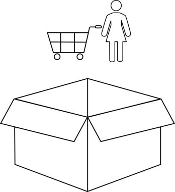 Açık bir karton kutunun üstünde alışveriş arabası olan bir kadının basit bir çizimi alışverişi ya da teslimatı öneriyor..