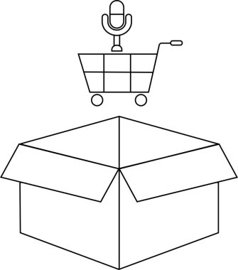 Üstünde alışveriş arabası ve mikrofon olan açık bir kutunun çizimi, online alışveriş ve ses aramasını simgeliyor..