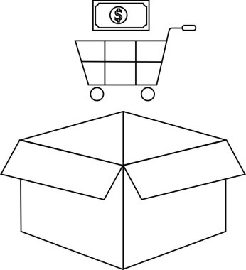 Üstünde bir alışveriş arabası ve dolar işareti olan açık bir kutunun siyah beyaz çizimi..