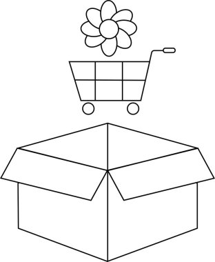Açık bir kutunun, bir alışveriş arabasının ve bir çiçeğin basit siyah beyaz çizimi. Renklendirme faaliyetleri için mükemmel..