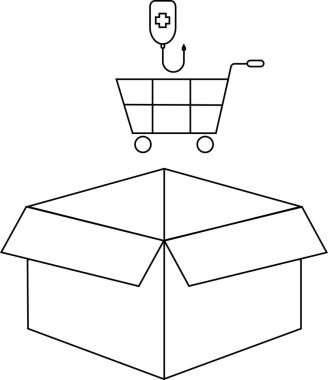 Sağlık hizmetleri alışverişini ve teslimatını temsil eden, açık bir teslimat kutusunun üzerinde tıbbi bir sembol olan bir alışveriş arabasını gösteren kavramsal bir çizim..