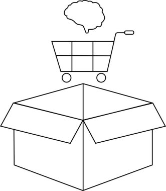 Bir alışveriş arabasının üstündeki beyni gösteren kavramsal bir çizim, açık bir kutunun üzerinde, kutunun dışındaki düşünceyi temsil ediyor..