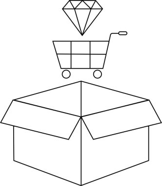 Alışveriş arabasının üstündeki bir elmasın basit bir çizgisi çizimi açık bir kutunun üzerinde, online alışveriş yaptığını gösteriyor..