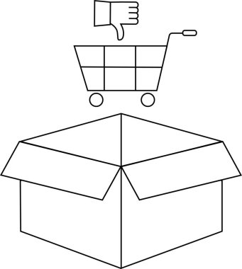 Negatif bir alışveriş deneyimini tasvir eden bir illüstrasyon, boş bir kutu ve bir alışveriş arabasının üstündeki bir başparmak izi simgesi.