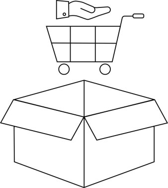 Üstünde alışveriş arabası olan açık bir kutunun tasviri online alışveriş, teslimat ve e-ticaret hizmetlerini sembolize ediyor..