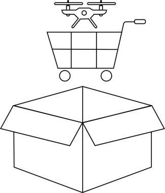 İHA teslimatının kavramsal bir çizimi, açık bir karton kutunun üzerinde alışveriş arabası taşıyan bir dronun modern lojistik ve e-ticareti sembolize etmesi..