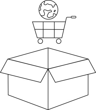 Üstünde dünya olan bir alışveriş arabasının olduğu açık bir kutunun tasviri, küresel online alışveriş ve teslimatı temsil ediyor..