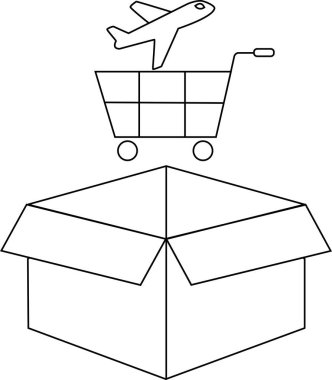 Uluslararası ticaret ve teslimatı sembolize eden, açık bir kutunun üzerinde duran, alışveriş arabasının üzerinde bir uçak bulunan, küresel taşımacılığın kavramsal bir çizimi..