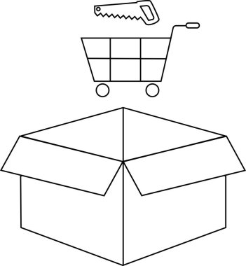 Üzerinde alışveriş arabası olan açık bir kutuyu gösteren siyah beyaz bir resim..
