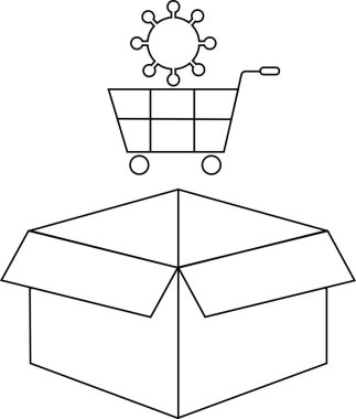 Açık bir kutunun üzerinde virüs olan bir alışveriş arabası çizimi salgın sırasında online alışverişi sembolize ediyor..