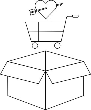 Açık bir kutudan çıkan, aşk ve tüketiciliği simgeleyen, kalbi okla delinmiş bir alışveriş arabasının sunduğu tuhaf bir illüstrasyon..