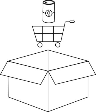 Açık bir kutunun üstündeki bir alışveriş arabasındaki yağ varilinin çizimi teslimatı veya alımı öneriyor..