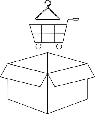 Üstünde alışveriş arabası ve askısı olan açık bir kutunun tasviri, online alışveriş ve teslimat hizmetlerini temsil ediyor..