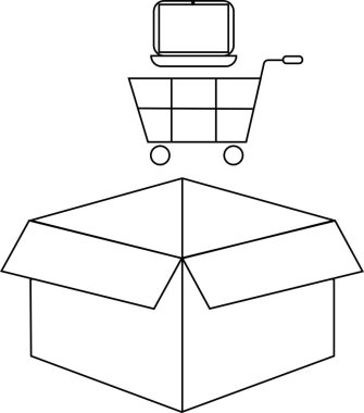 Çevrimiçi alışverişi gösteren basit bir çizgi çizimi, içinde dizüstü bilgisayar ve altında açık bir kutu bulunan bir alışveriş arabası..