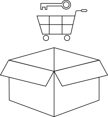 Üstünde alışveriş arabası ve anahtar olan açık bir kutunun çizgi çizimi, ürün veya hizmetlere erişimi simgeliyor..