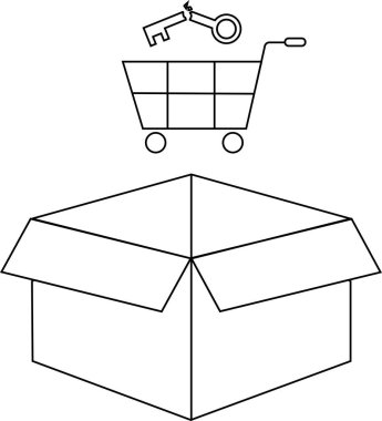 Üzerinde alışveriş arabası ve anahtar olan açık bir kutunun çizimi çözüm alışverişini sembolize ediyor..