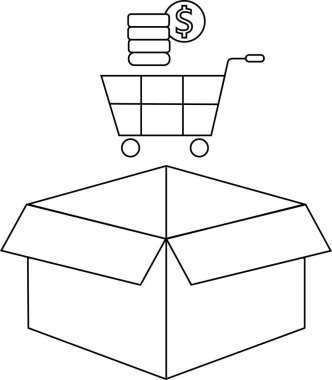 Üstünde alışveriş arabası ve para ikonu olan açık bir kutunun basit bir çizgisi çizimi, ticaret ve teslimatı temsil ediyor..