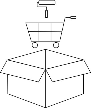 Üzerinde alışveriş arabası ve boya rulosu olan açık bir kutunun basit siyah beyaz çizimi, çeşitli tasarım amaçları için uygundur..